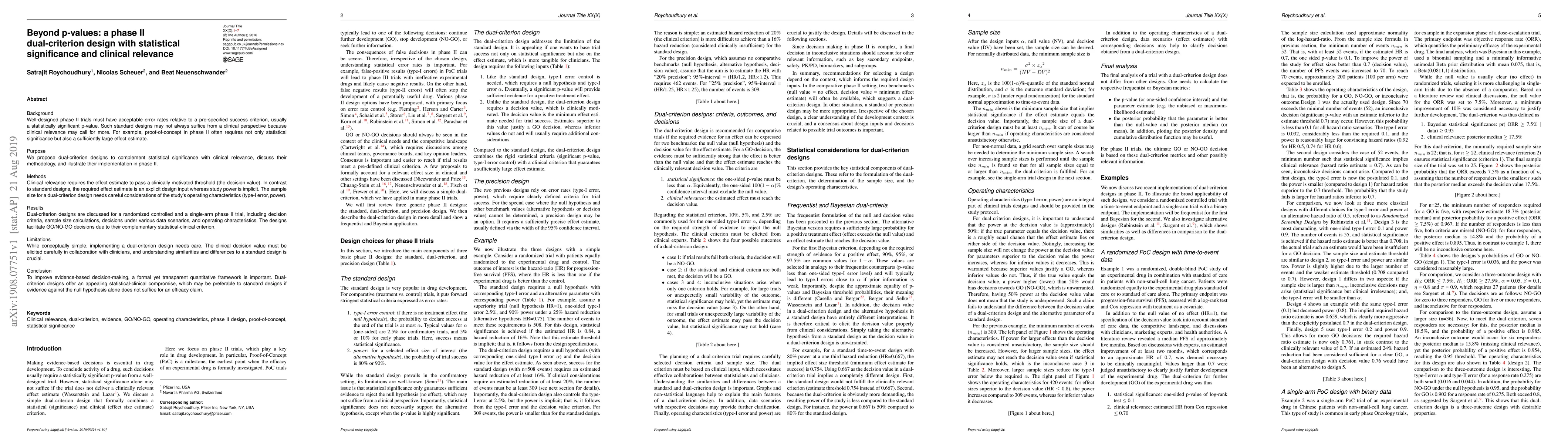 Thumbnail for Beyond p-values: a phase II dual-criterion design with statistical
  significance and clinical relevance
