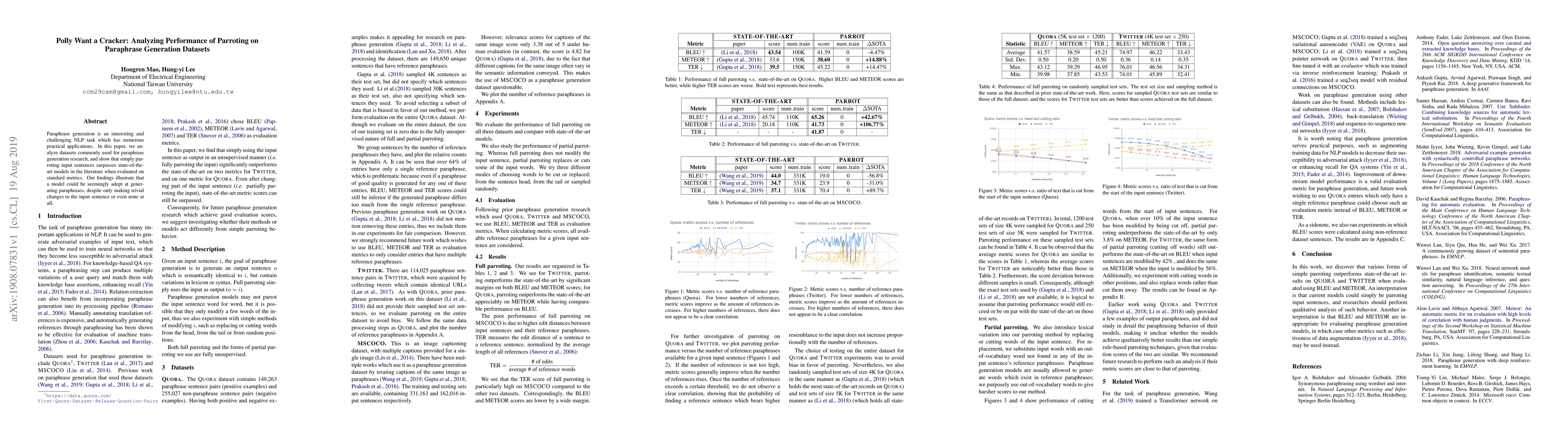 Thumbnail for Polly Want a Cracker: Analyzing Performance of Parroting on Paraphrase
  Generation Datasets