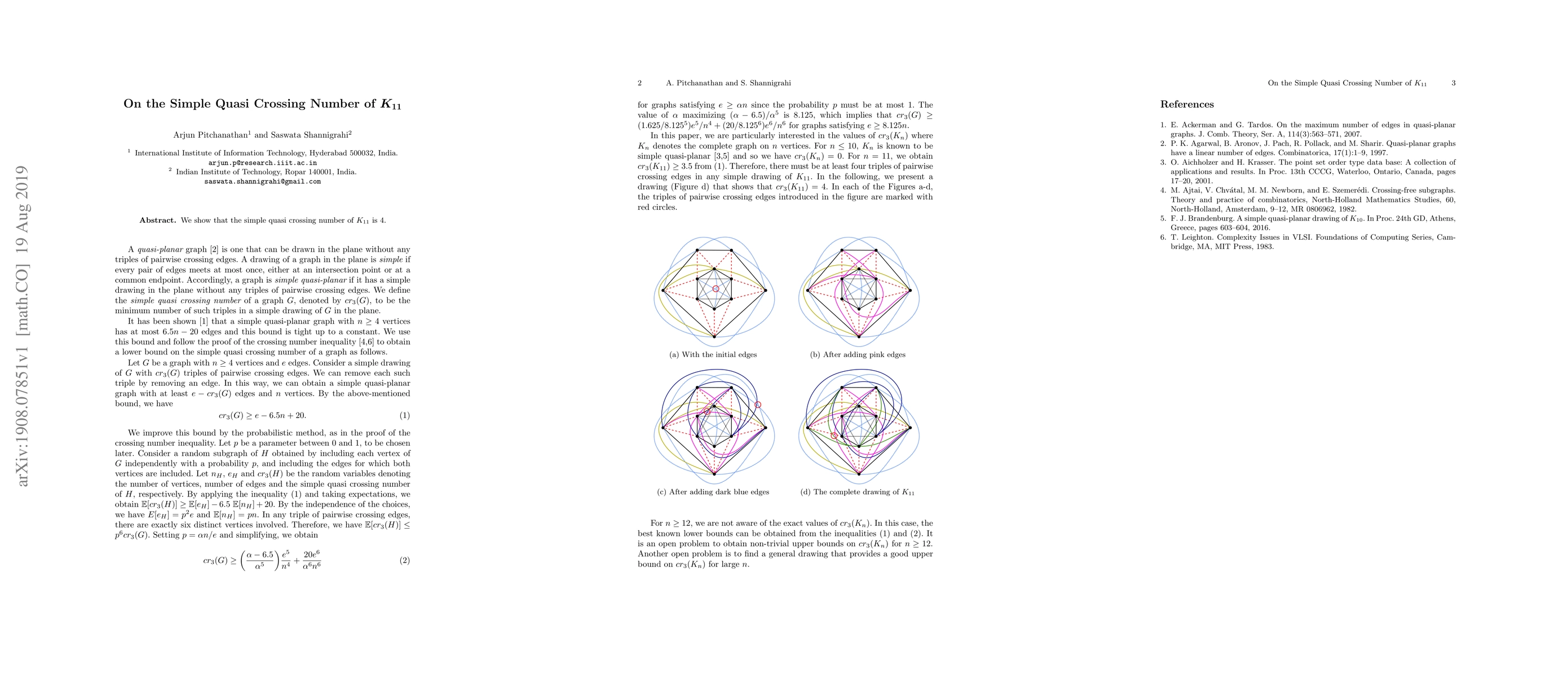Thumbnail for On the Simple Quasi Crossing Number of $K_{11}$