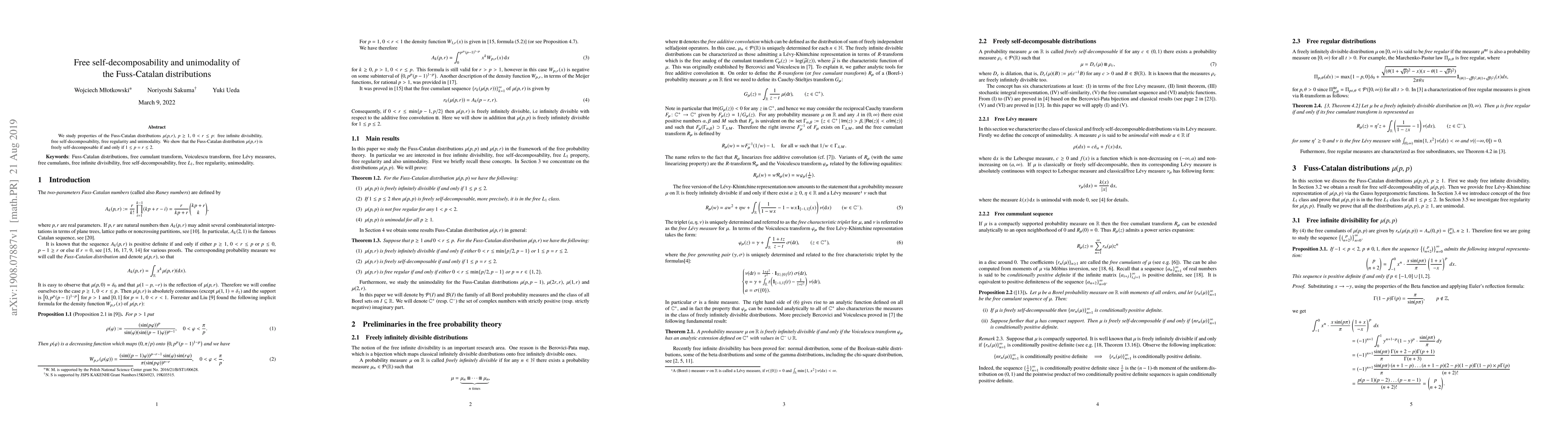 Thumbnail for Free self-decomposability and unimodality of the Fuss-Catalan
  distributions