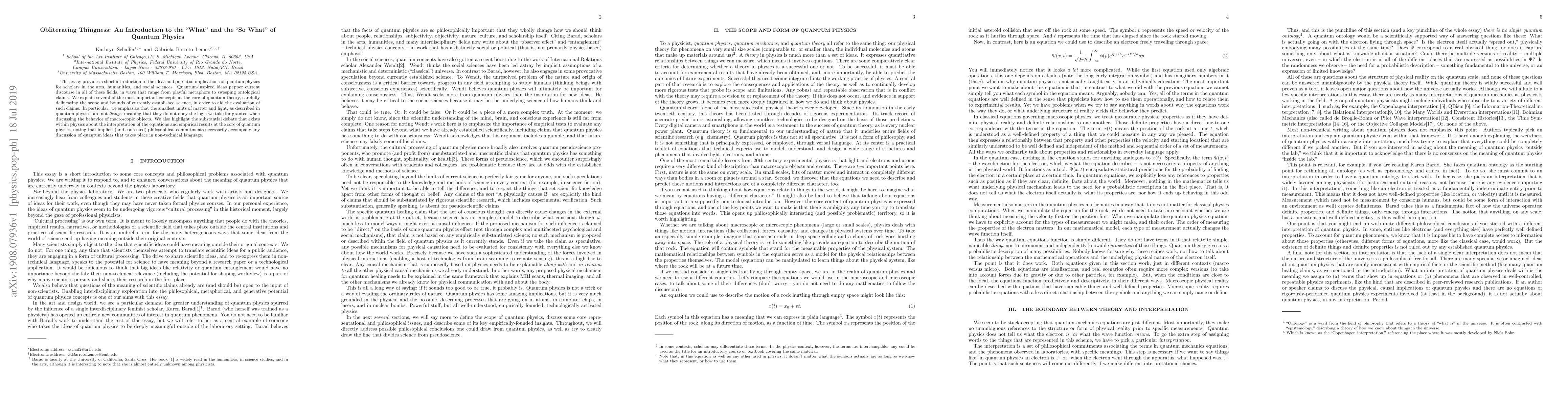 Thumbnail for Obliterating Thingness: An Introduction to the "What" and the "So What"
  of Quantum Physics