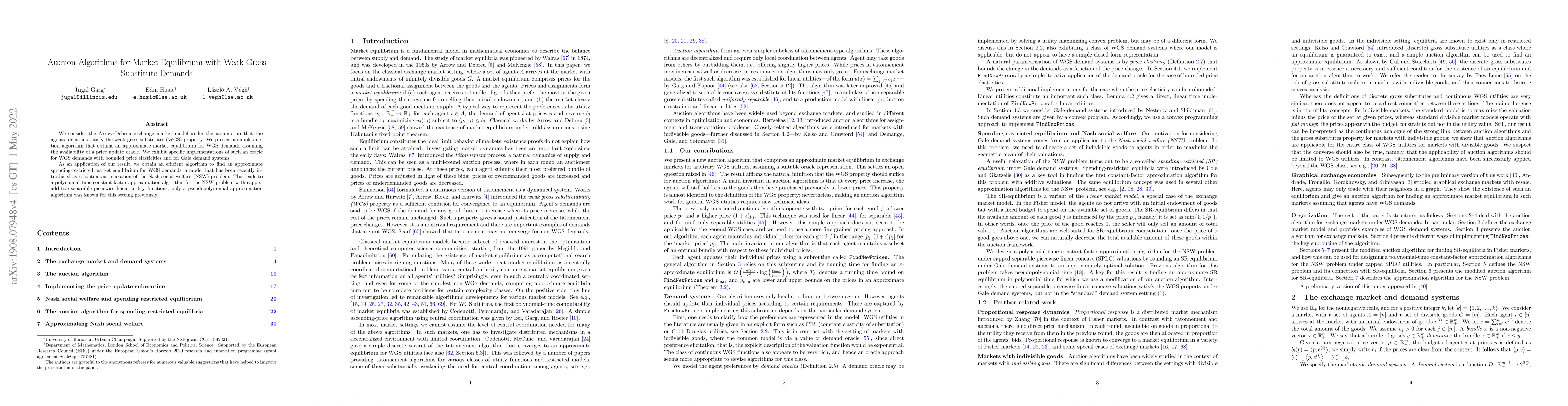 Thumbnail for Auction Algorithms for Market Equilibrium with Weak Gross Substitute
  Demands