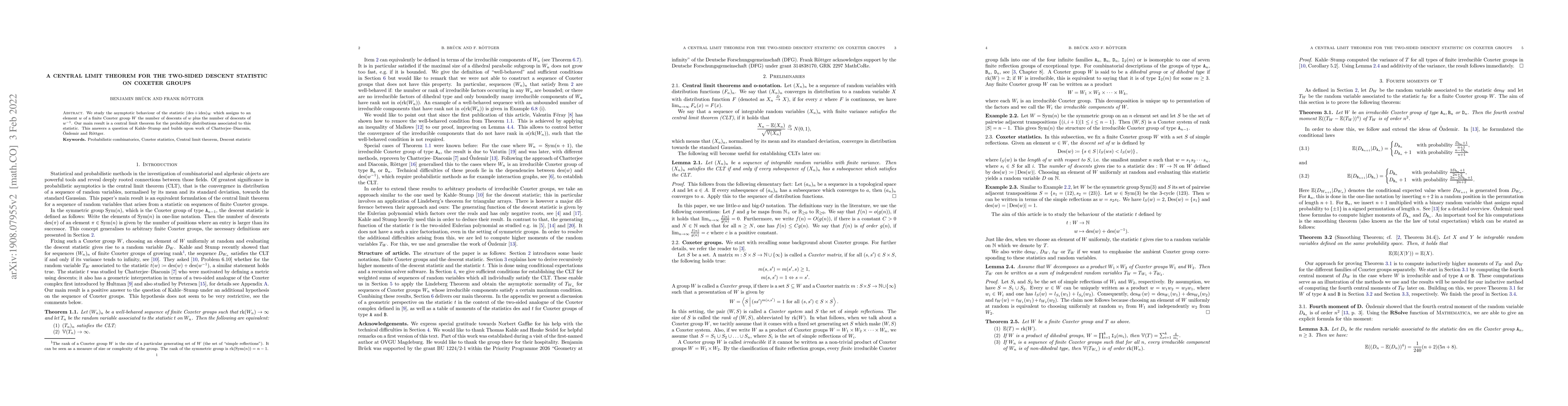 Thumbnail for A central limit theorem for the two-sided descent statistic on Coxeter
  groups