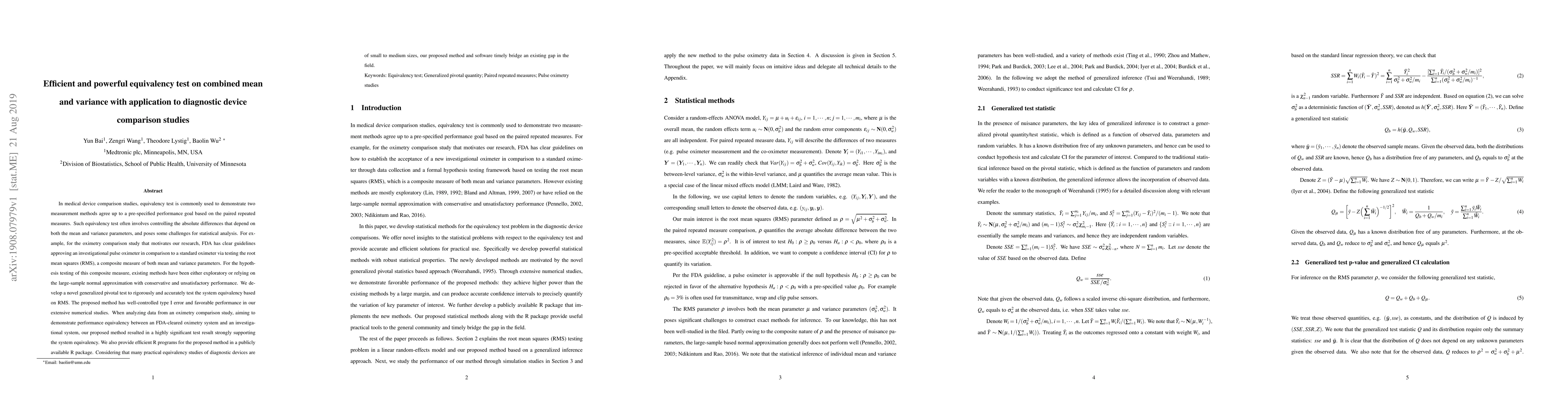 Thumbnail for Efficient and powerful equivalency test on combined mean and variance
  with application to diagnostic device comparison studies
