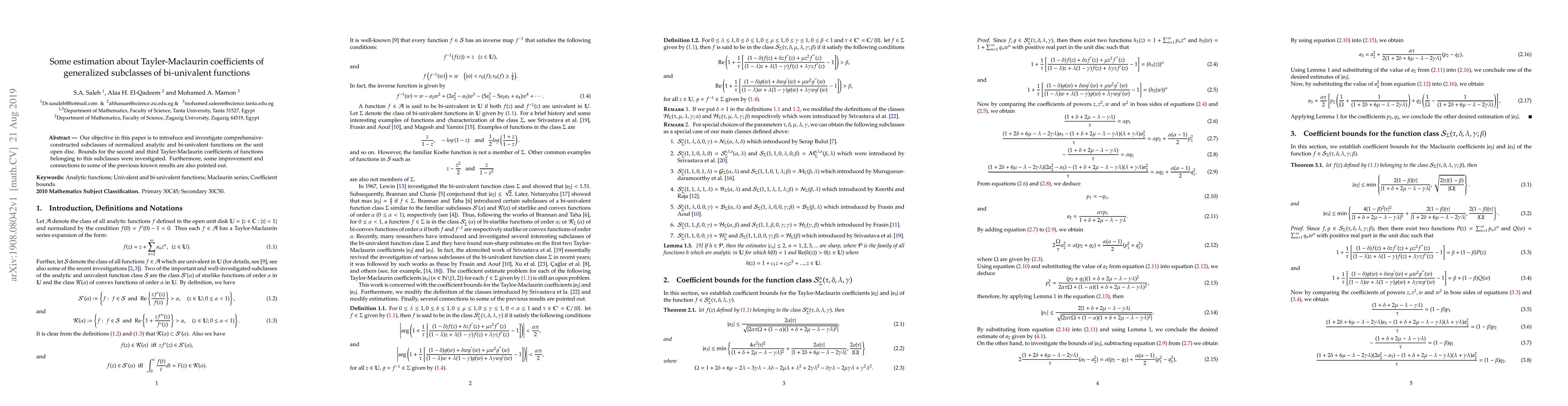Thumbnail for Some estimation about Tayler-Maclaurin coefficients of generalized
  subclasses of bi-univalent functions