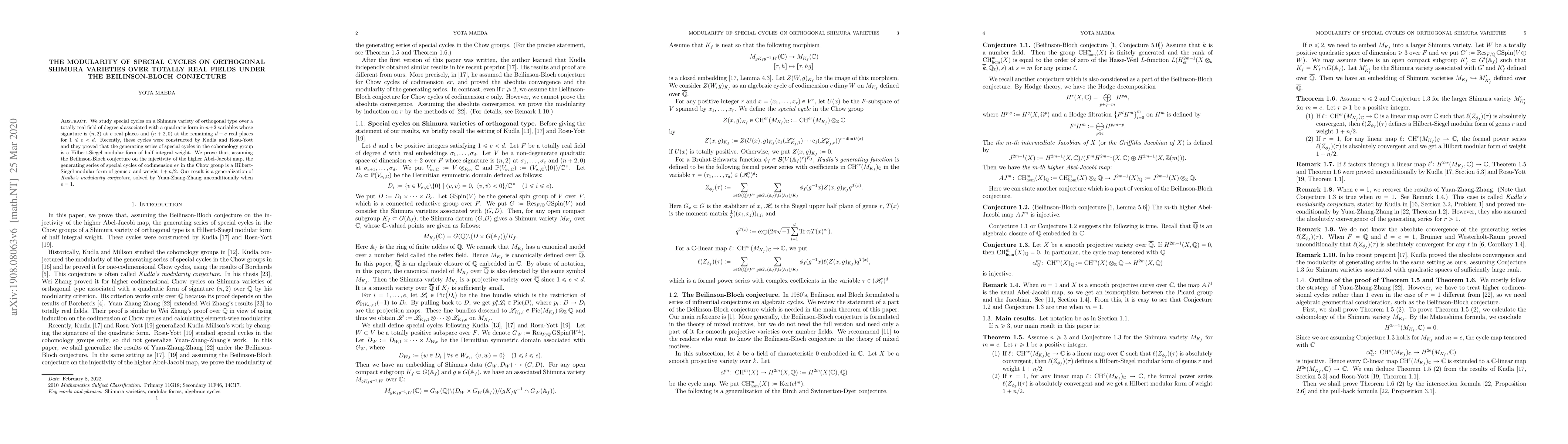 Thumbnail for The modularity of special cycles on orthogonal Shimura varieties over
  totally real fields under the Beilinson-Bloch conjecture