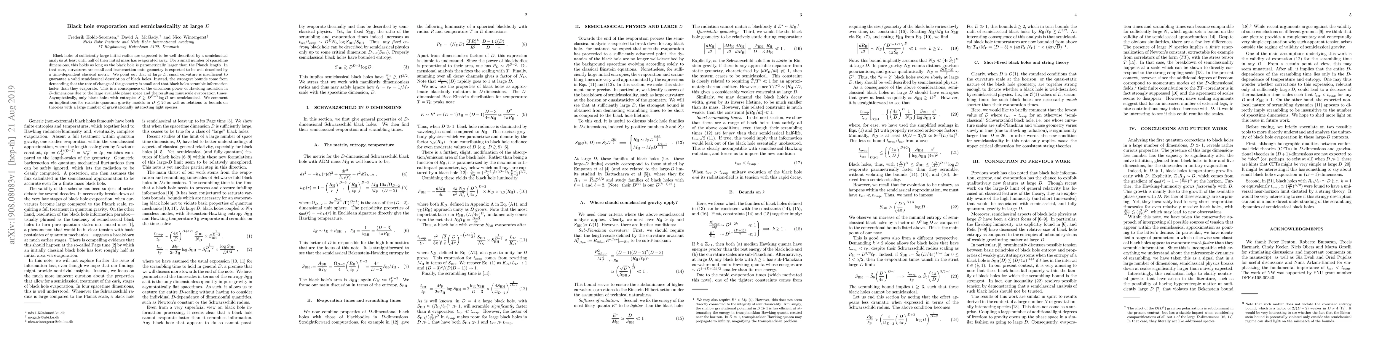 Thumbnail for Black hole evaporation and semiclassicality at large D