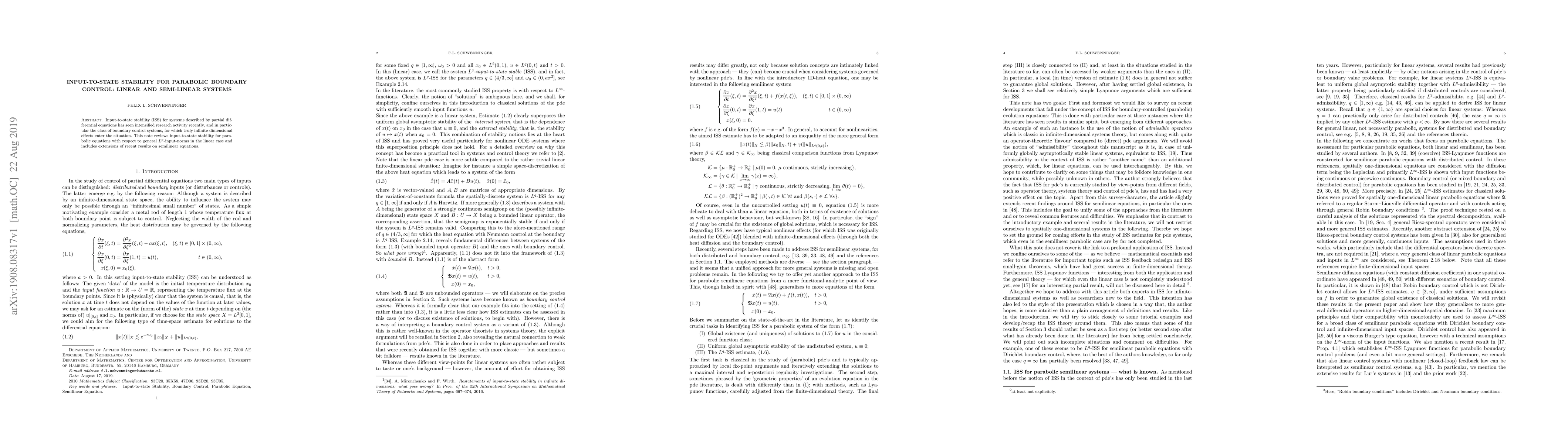 Thumbnail for Input-to-state stability for parabolic boundary control: Linear and
  semi-linear systems