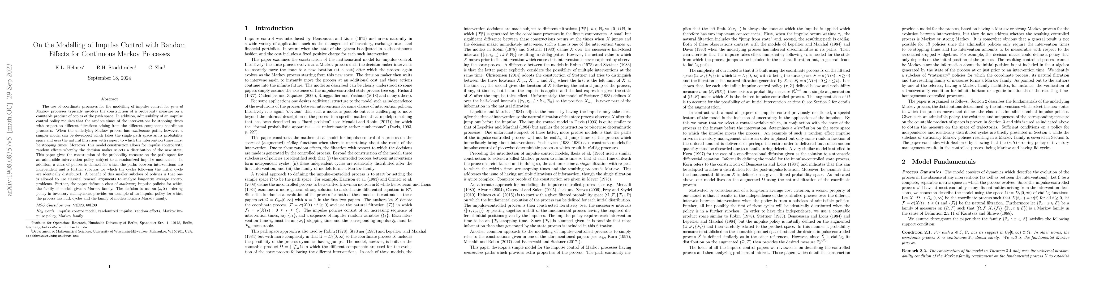 Thumbnail for On the Modelling of Impulse Control with Random Effects for Continuous
  Markov Processes