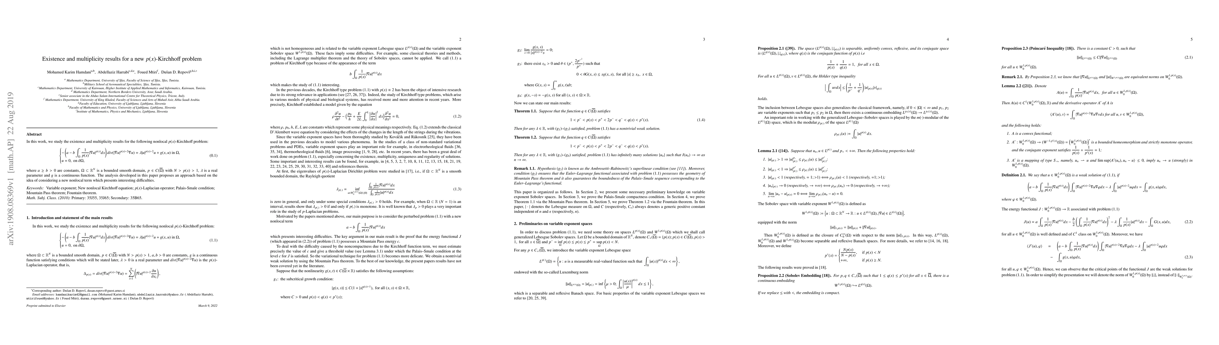 Thumbnail for Existence and multiplicity results for a new $p(x)$-Kirchhoff problem