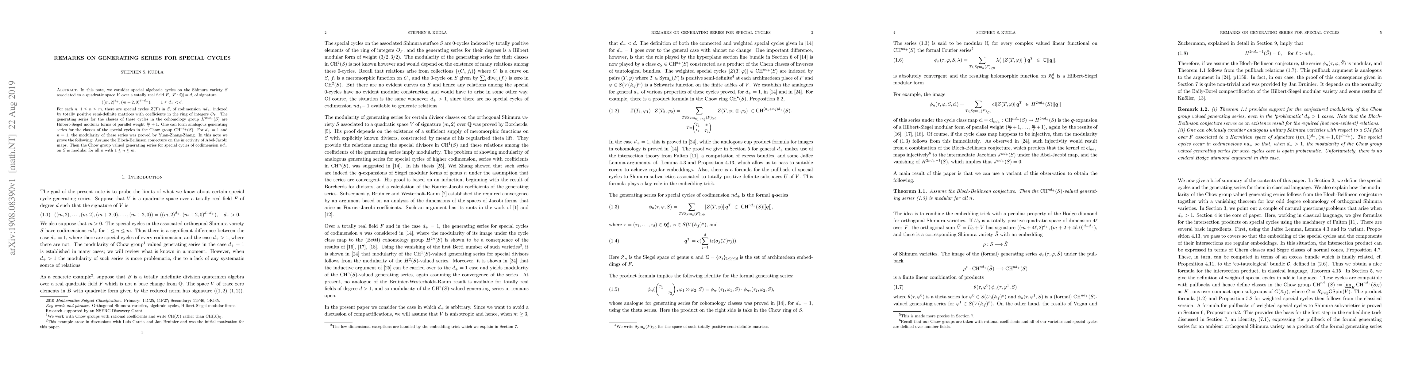 Thumbnail for Remarks on generating series for special cycles