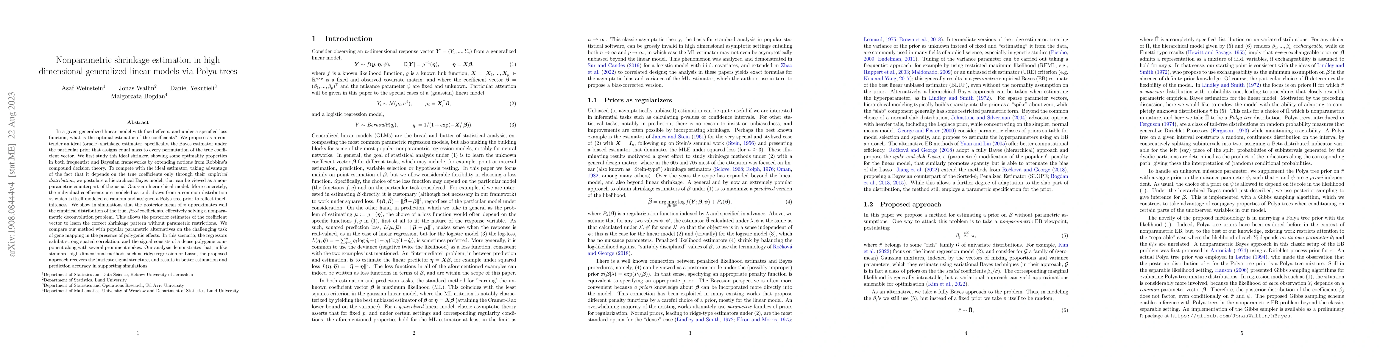 Thumbnail for Nonparametric shrinkage estimation in high dimensional generalized
  linear models via Polya trees