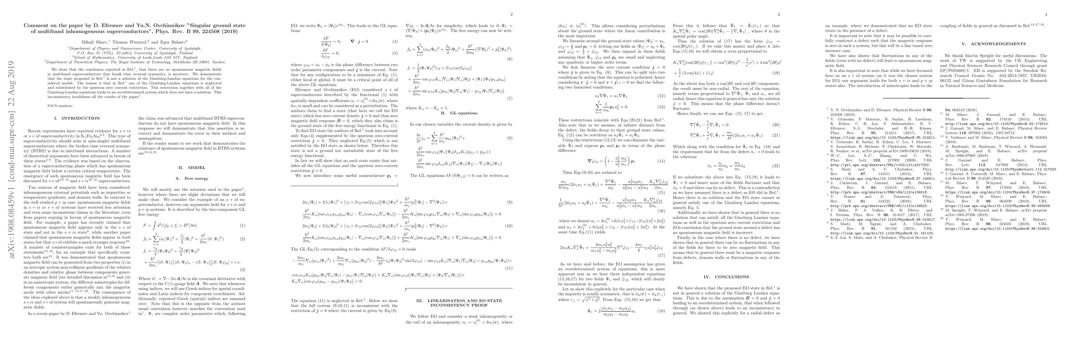 Thumbnail for Comment on the paper by D. Efremov and Yu.N. Ovchinnikov "Singular
  ground state of multiband inhomogeneous superconductors", Phys. Rev. B 99,
  224508 (2019)