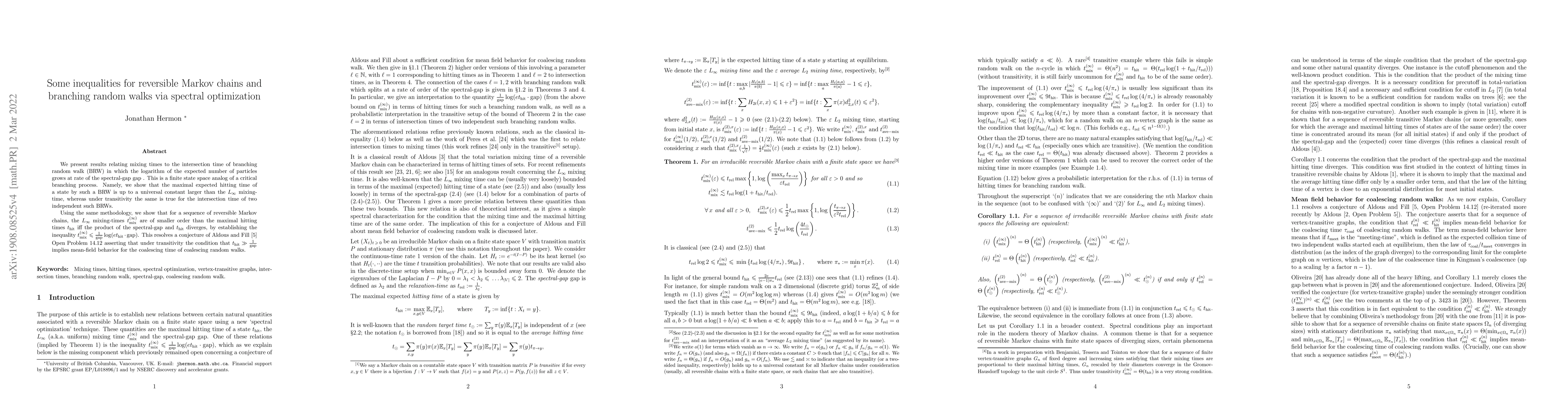Thumbnail for Some inequalities for reversible Markov chains and branching random
  walks via spectral optimization