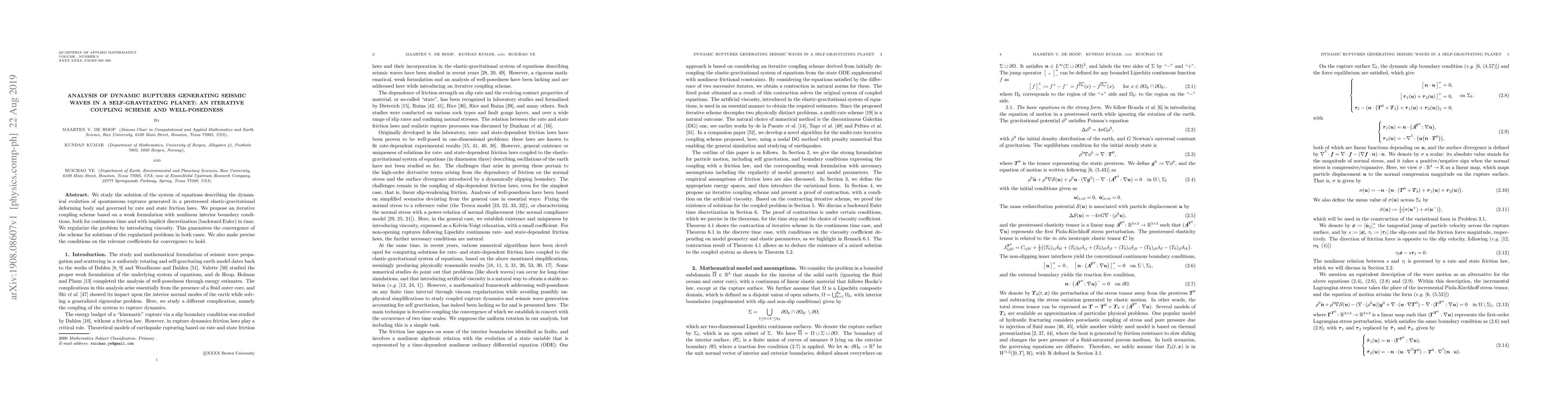 Thumbnail for Analysis of dynamic ruptures generating seismic waves in a
  self-gravitating planet: an iterative coupling scheme and well-posedness