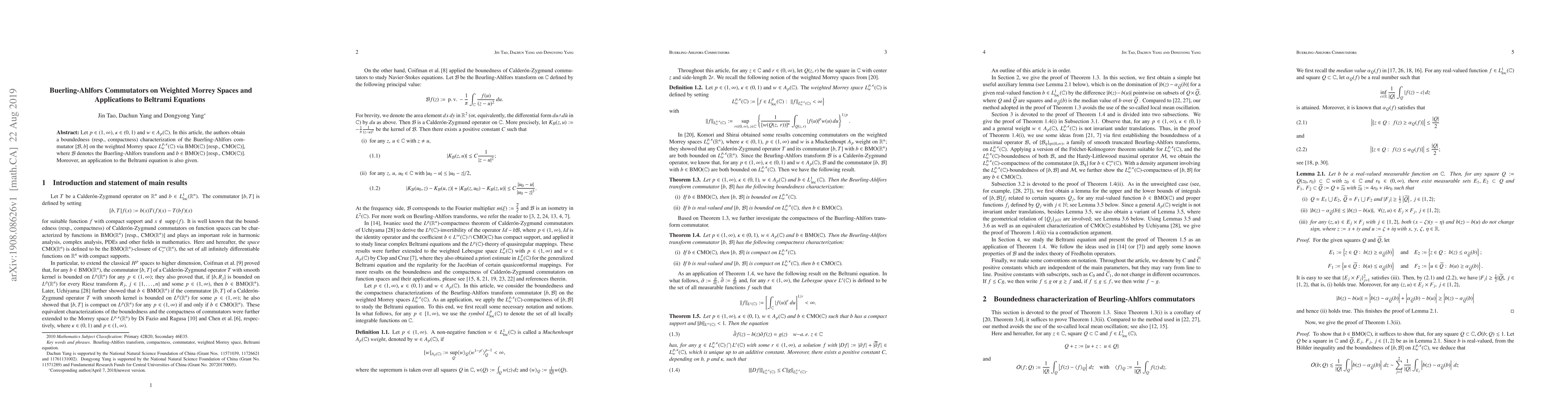 Thumbnail for Buerling-Ahlfors Commutators on Weighted Morrey Spaces and Applications
  to Beltrami Equations