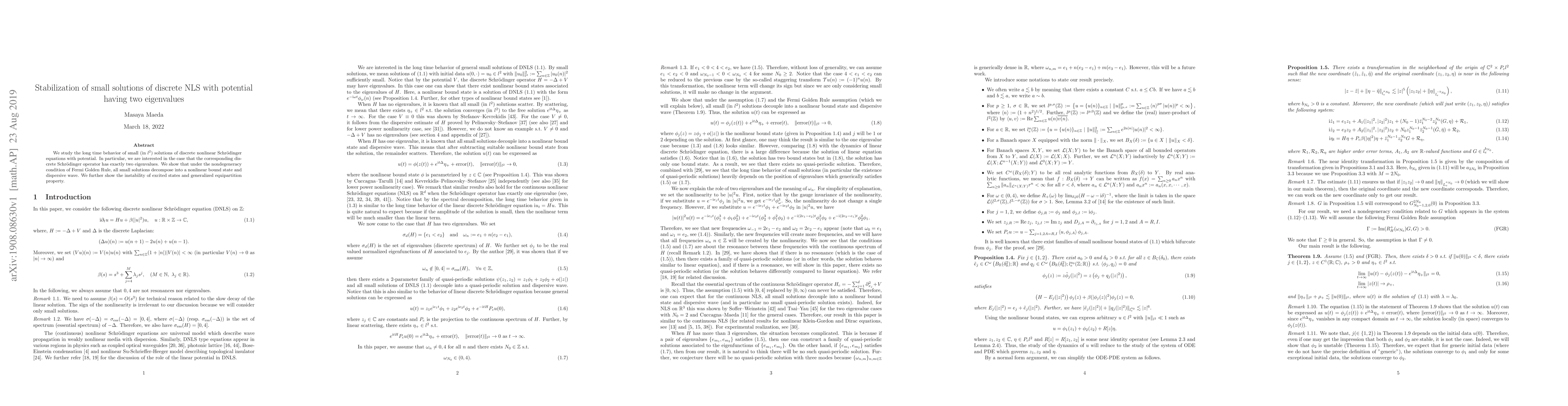 Thumbnail for Stabilization of small solutions of discrete NLS with potential having
  two eigenvalues