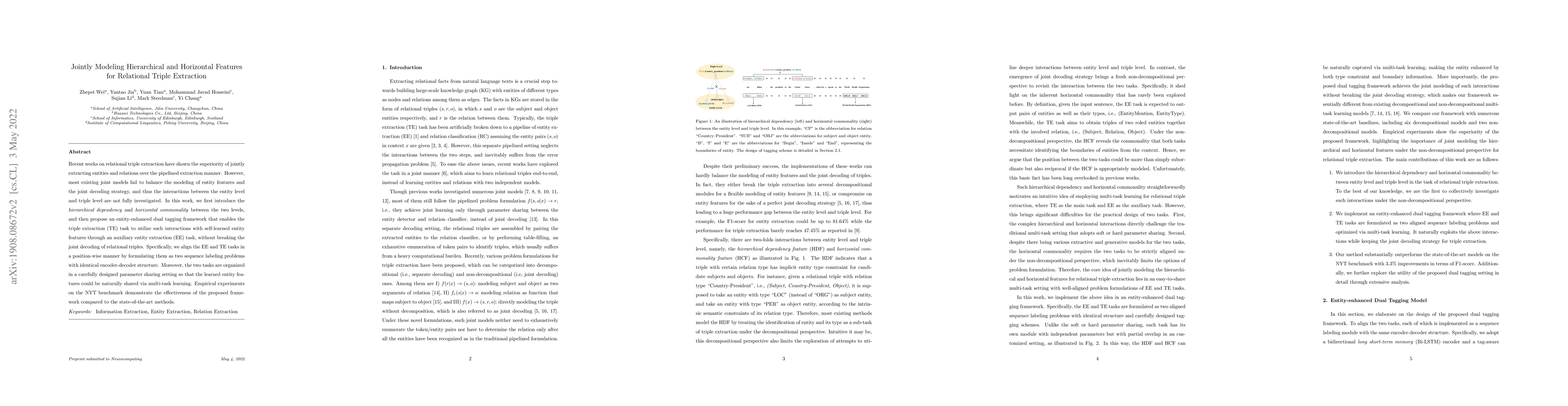 Thumbnail for Jointly Modeling Hierarchical and Horizontal Features for Relational
  Triple Extraction