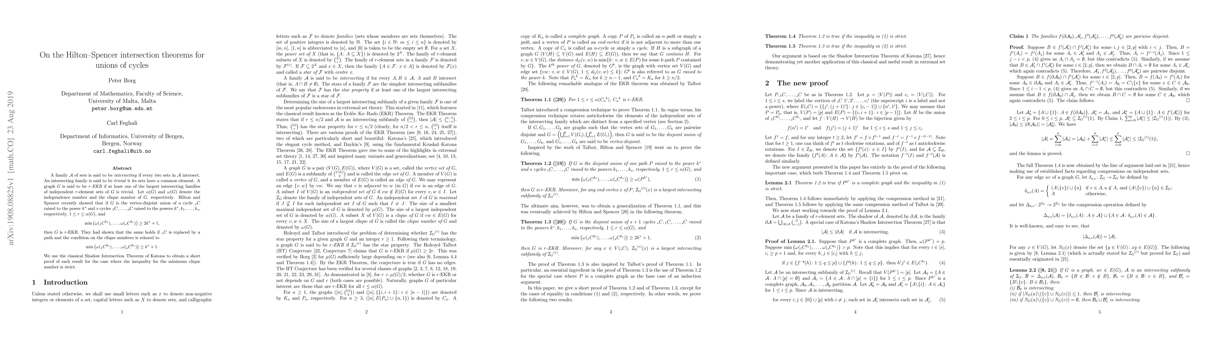 Thumbnail for On the Hilton-Spencer intersection theorems for unions of cycles