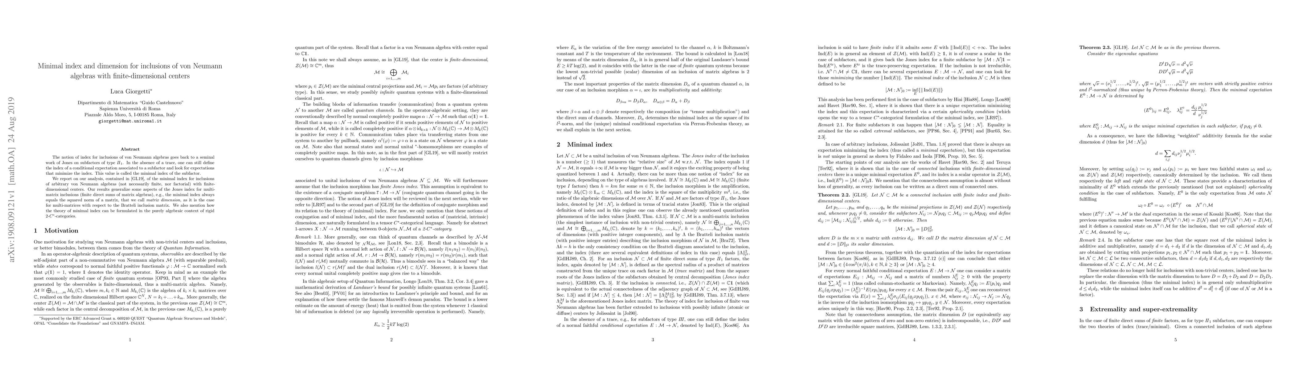 Thumbnail for Minimal index and dimension for inclusions of von Neumann algebras with
  finite-dimensional centers