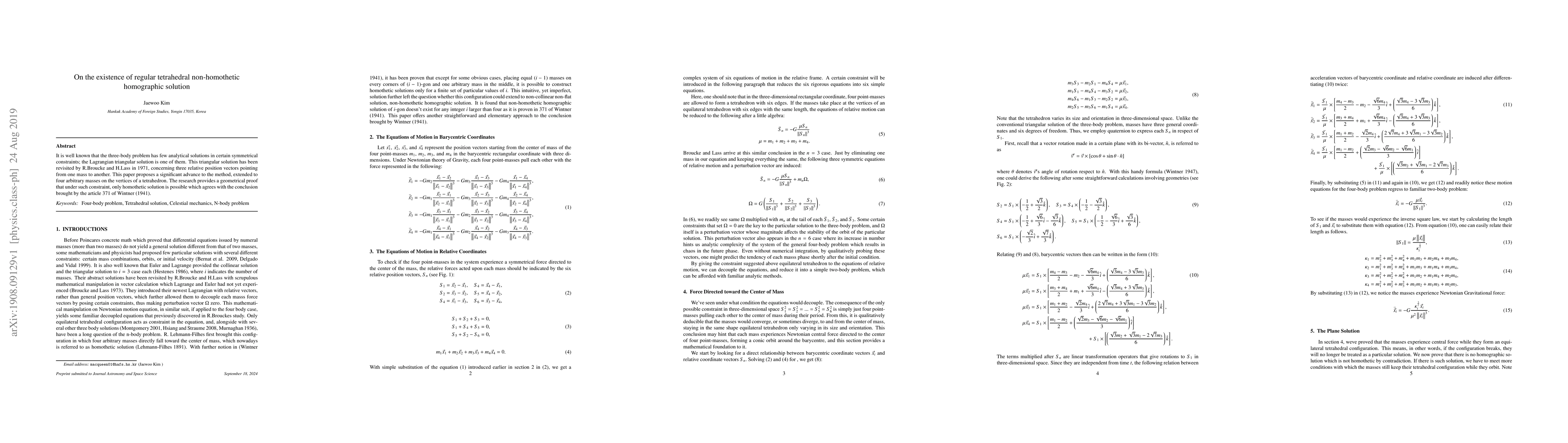 Thumbnail for On the existence of regular tetrahedral non-homothetic homographic
  solution