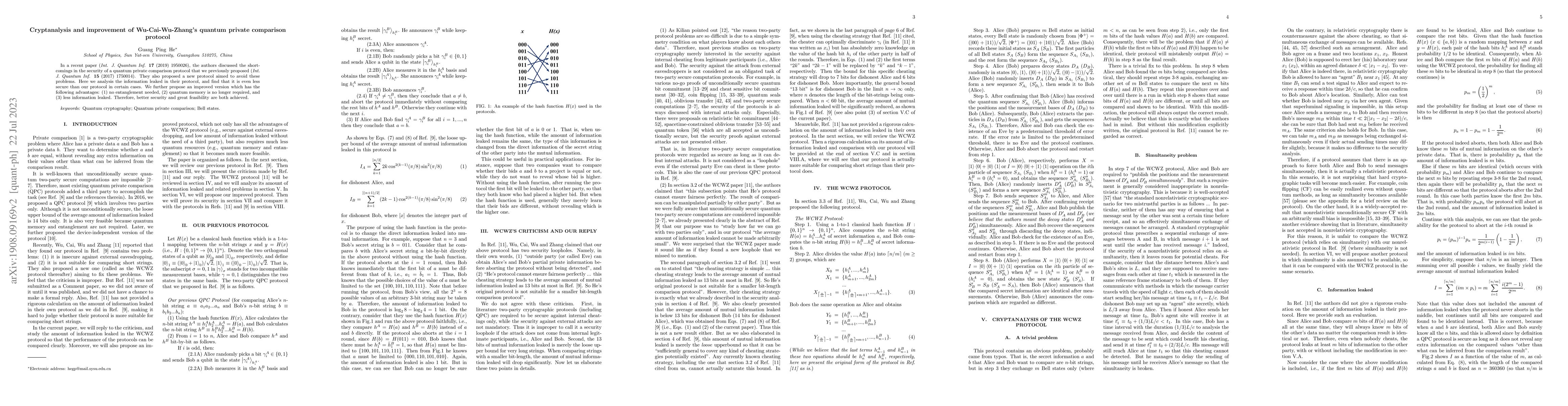 Thumbnail for Cryptanalysis and improvement of Wu-Cai-Wu-Zhang's quantum private
  comparison protocol