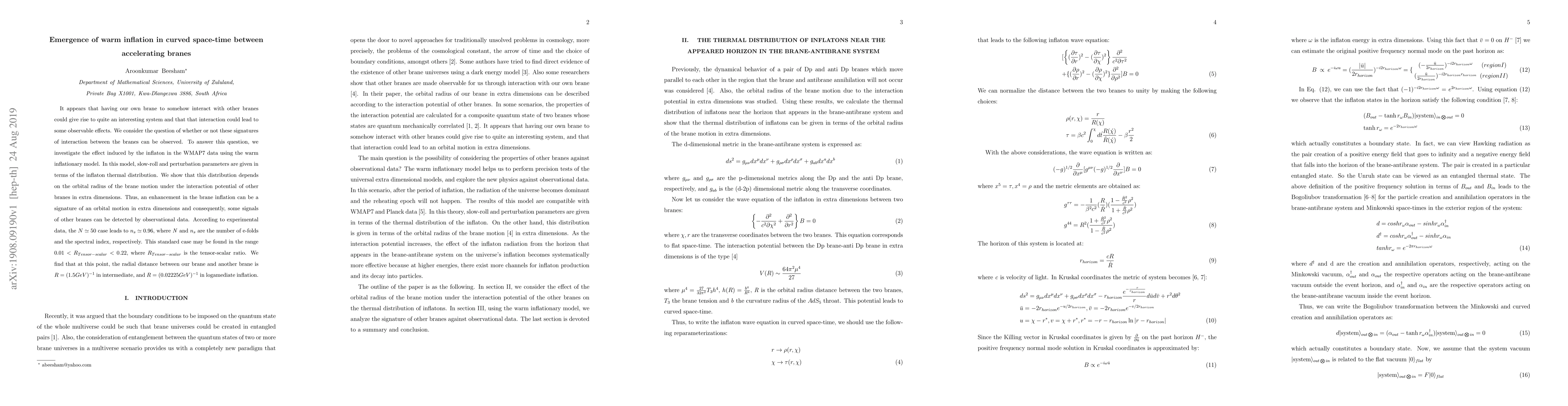Thumbnail for Emergence of warm inflation in curved space-time between accelerating
  branes