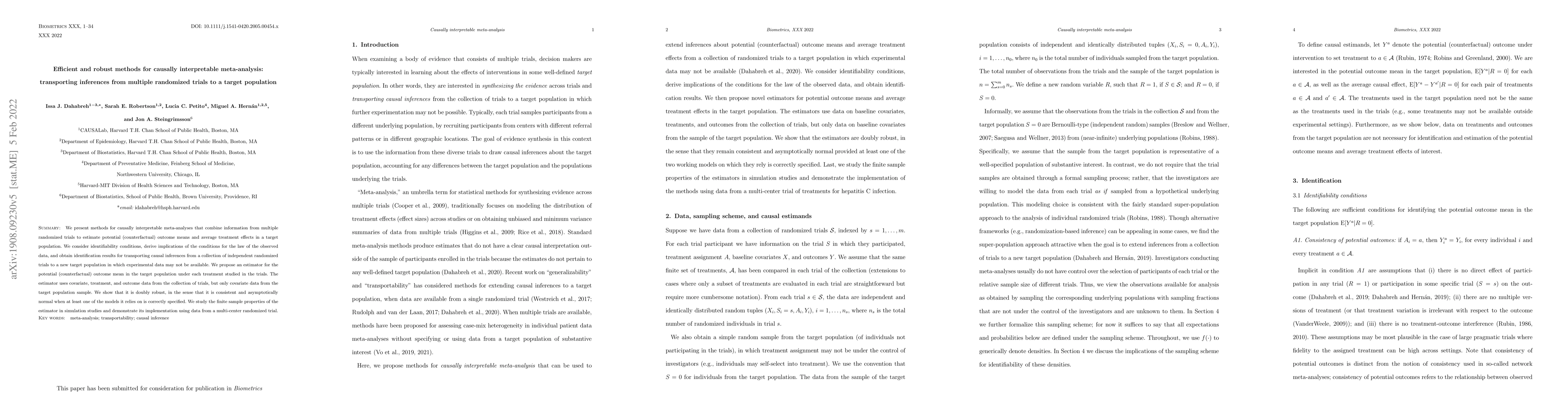 Thumbnail for Efficient and robust methods for causally interpretable meta-analysis:
  transporting inferences from multiple randomized trials to a target
  population