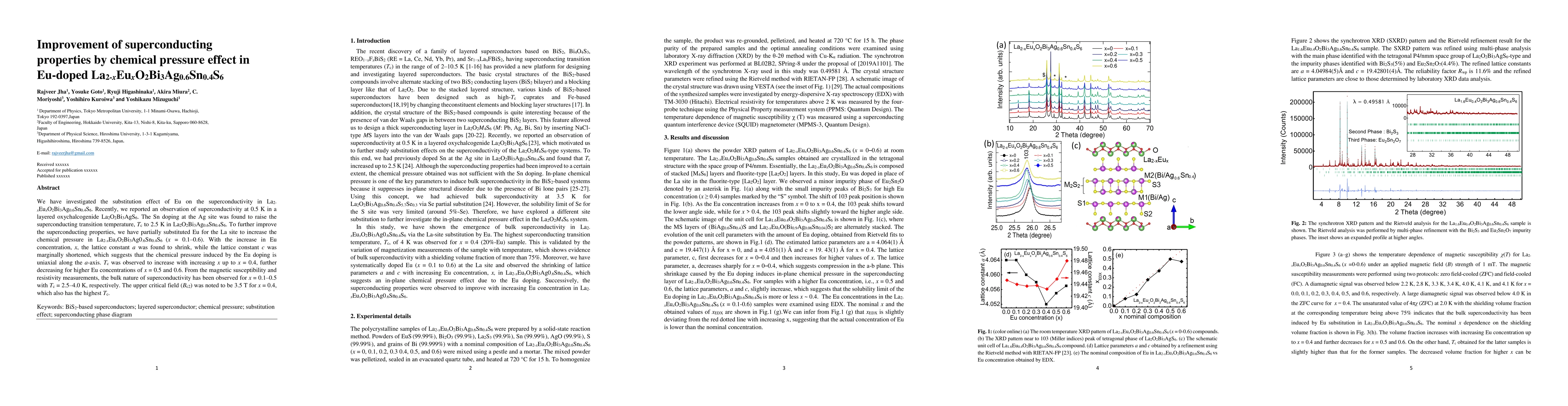 Thumbnail for Improvement of superconducting properties by chemical pressure effect in
  Eu-doped La2-xEuxO2Bi3Ag0.6Sn0.4S6