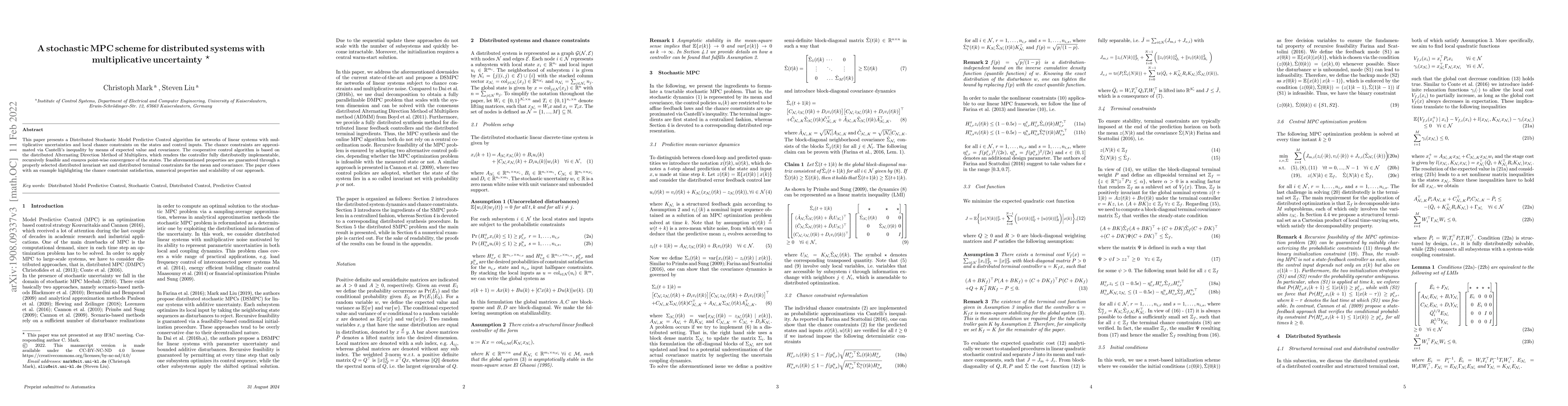 Thumbnail for A stochastic MPC scheme for distributed systems with multiplicative
  uncertainty