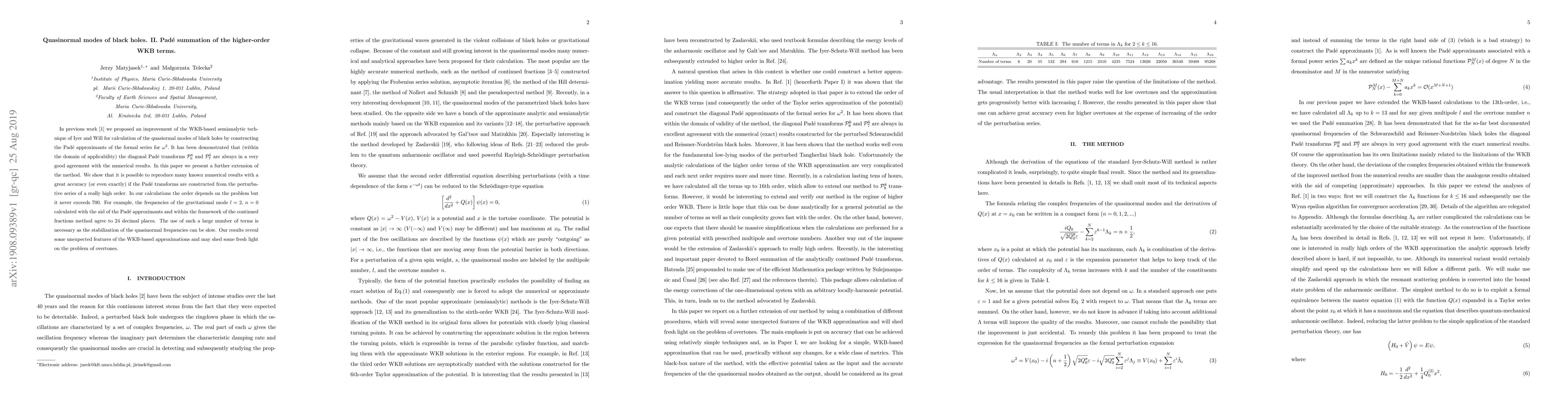 Thumbnail for Quasinormal modes of black holes. II. Pad\'e summation of the
  higher-order WKB terms