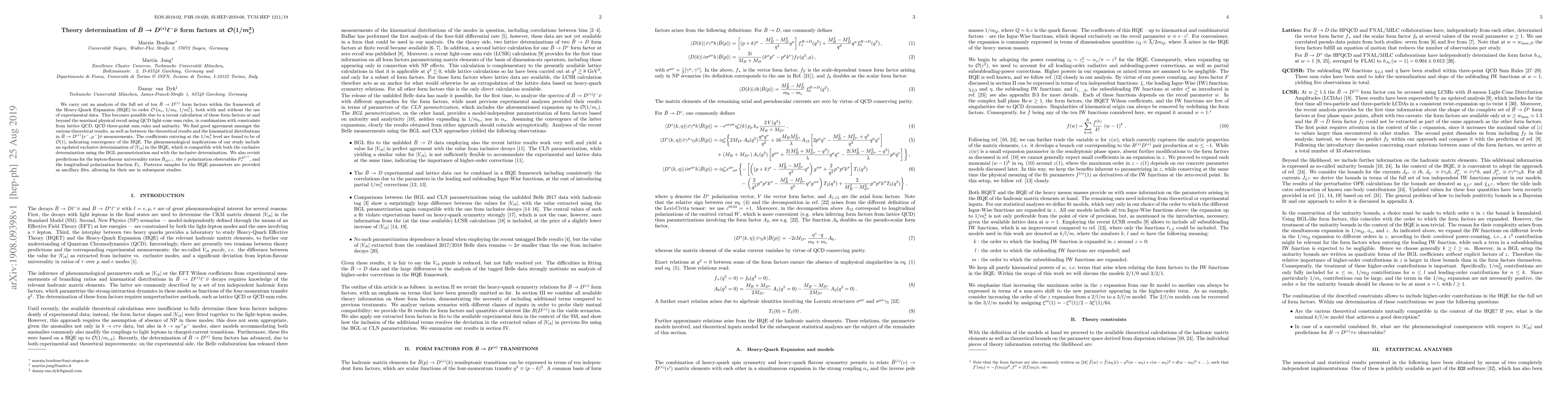 Thumbnail for Theory determination of $\bar{B}\to D^{(*)}\ell^-\bar\nu$ form factors
  at $\mathcal{O}(1/m_c^2)$