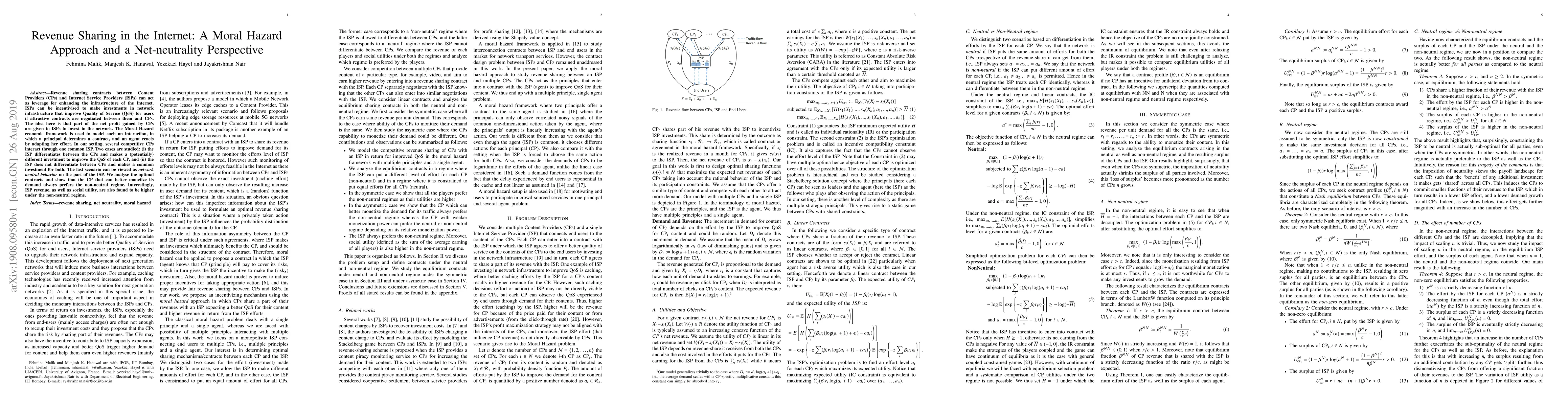 Thumbnail for Revenue Sharing in the Internet: A Moral Hazard Approach and a
  Net-neutrality Perspective