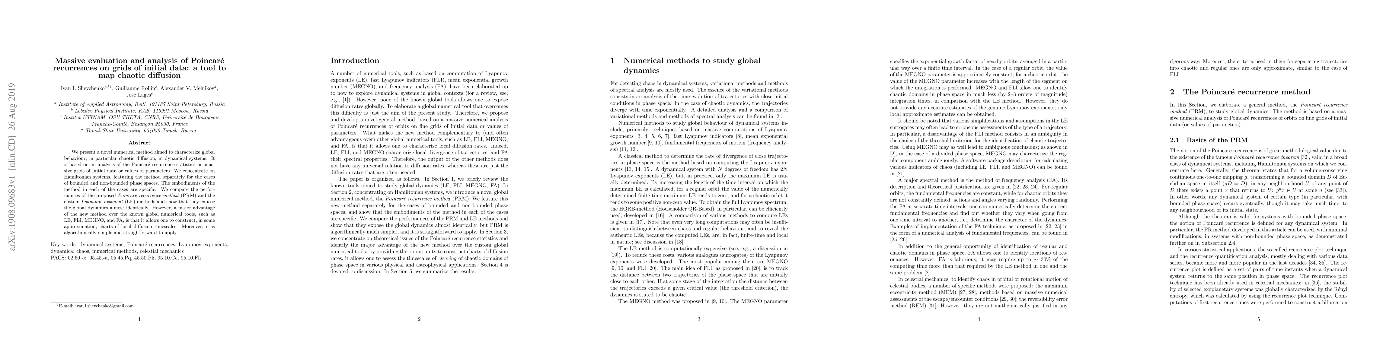 Thumbnail for Massive evaluation and analysis of Poincar\'e recurrences on grids of
  initial data: a tool to map chaotic diffusion