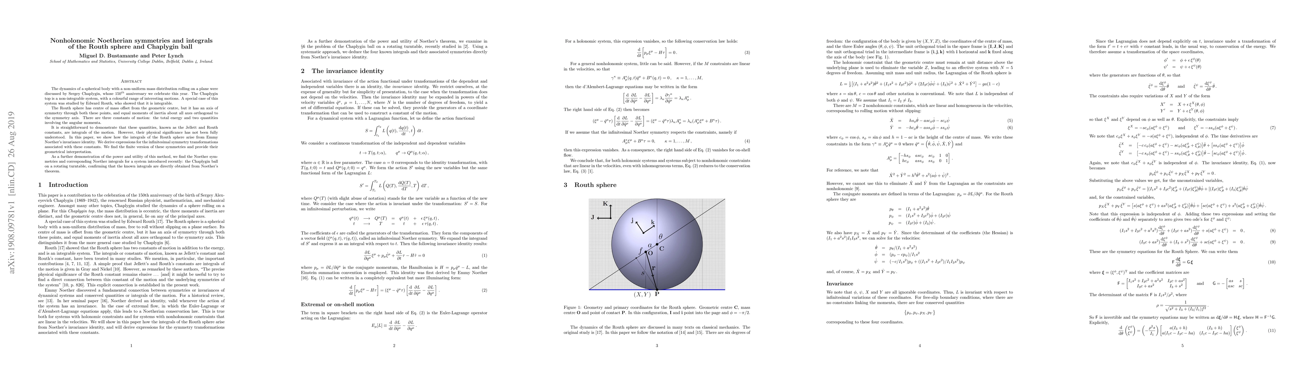 Thumbnail for Nonholonomic Noetherian symmetries and integrals of the Routh sphere and
  Chaplygin ball