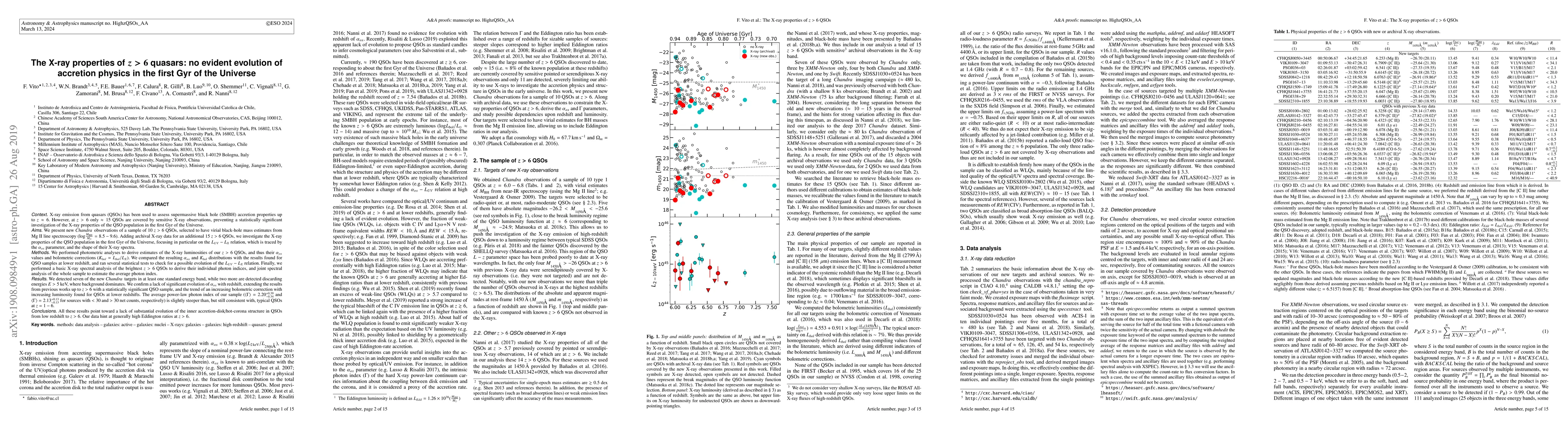 Thumbnail for The X-ray properties of $z>6$ quasars: no evident evolution of accretion
  physics in the first Gyr of the Universe