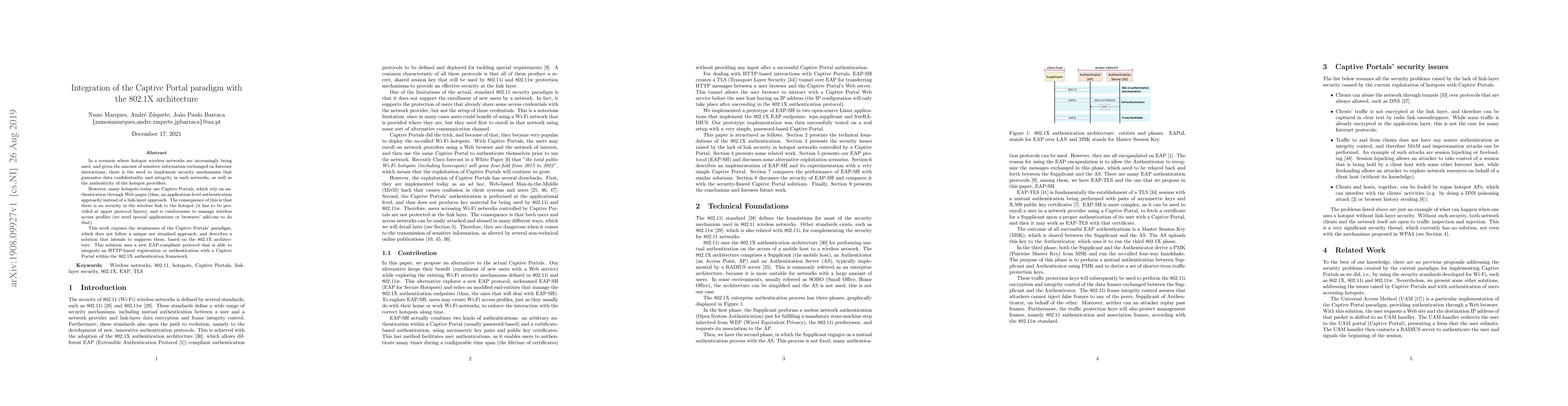 Thumbnail for Integration of the Captive Portal paradigm with the 802.1X architecture
