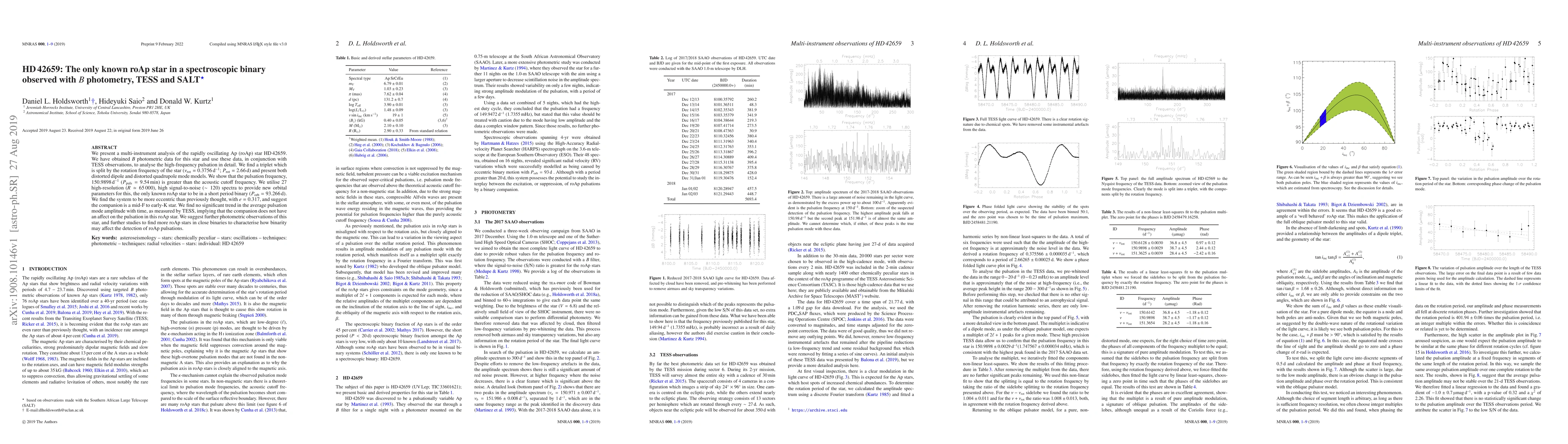 Thumbnail for HD 42659: The only known roAp star in a spectroscopic binary observed
  with B photometry, TESS and SALT
