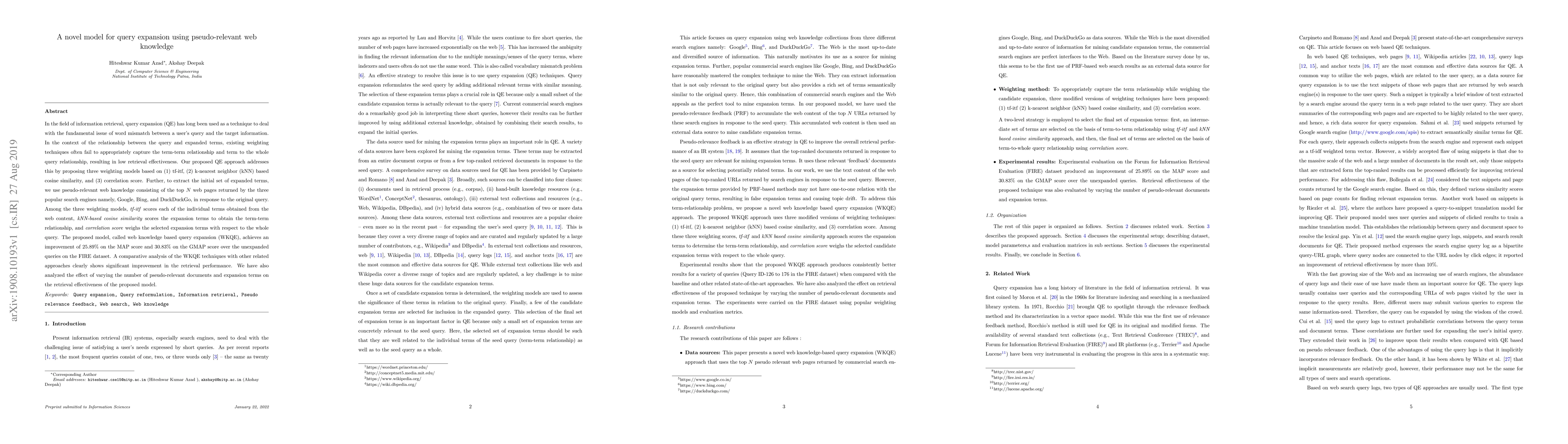 Thumbnail for A novel model for query expansion using pseudo-relevant web knowledge