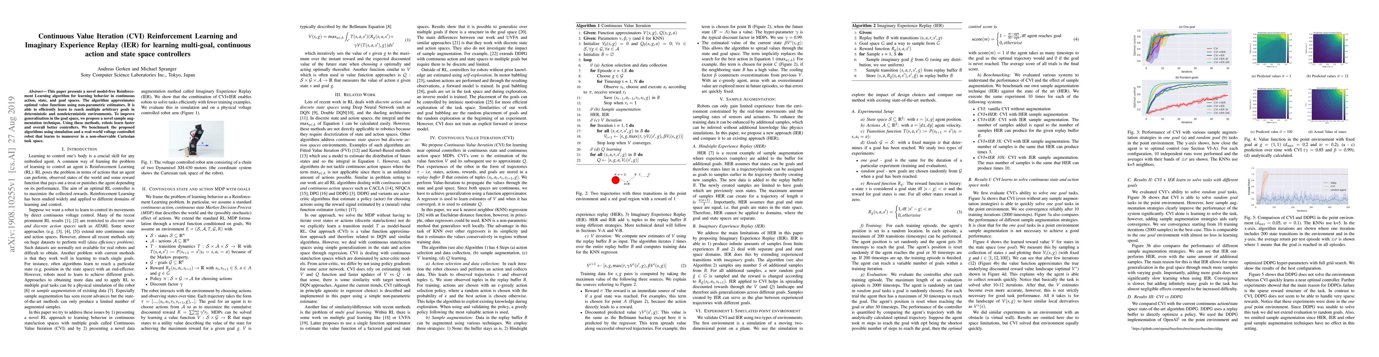 Thumbnail for Continuous Value Iteration (CVI) Reinforcement Learning and Imaginary
  Experience Replay (IER) for learning multi-goal, continuous action and state
  space controllers