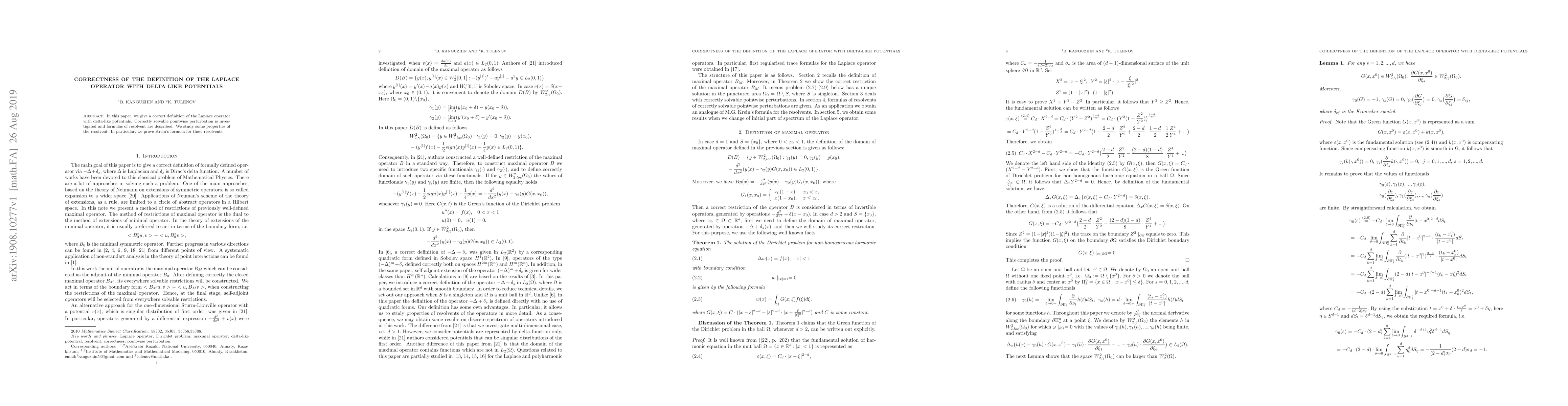Thumbnail for Correctness of the definition of the Laplace operator with delta-like
  potentials