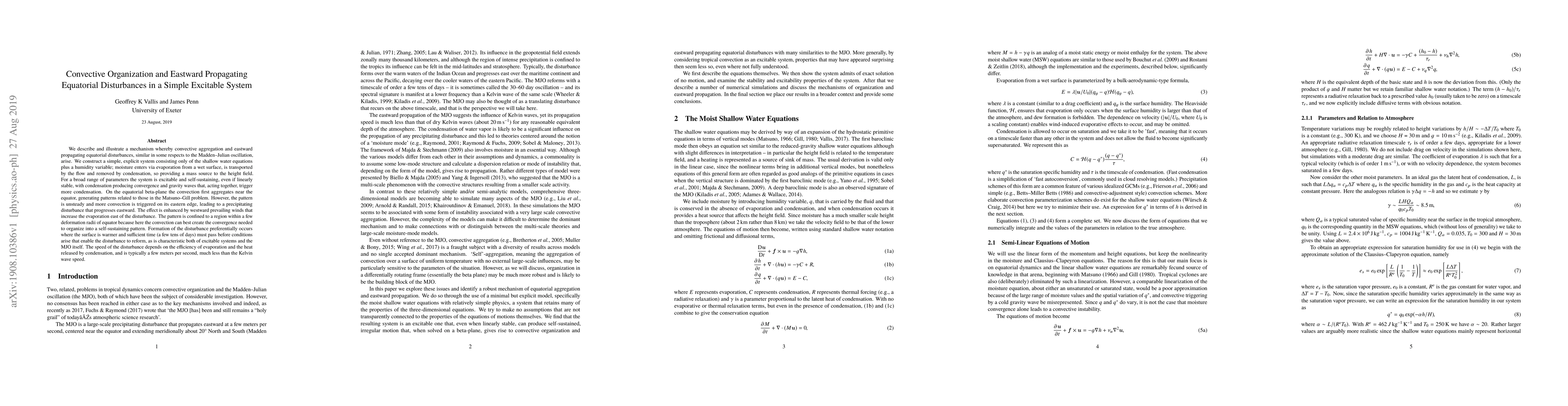 Thumbnail for Convective Organization and Eastward Propagating Equatorial Disturbances
  in a Simple Excitable System