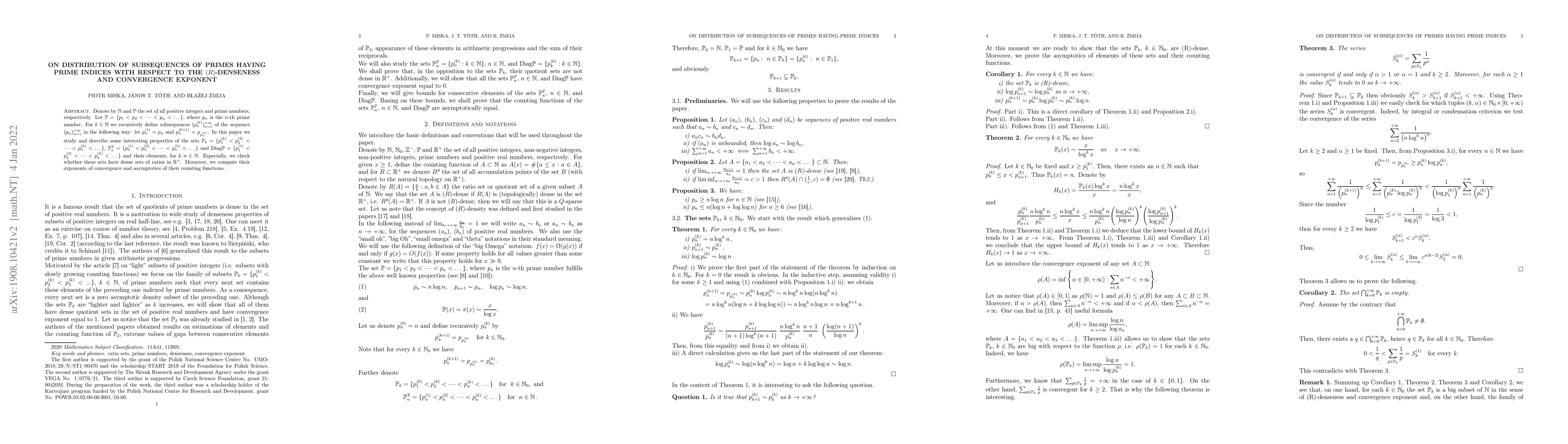 Thumbnail for On distribution of subsequences of primes having prime indices with
  respect to the $(R)$-denseness and convergence exponent