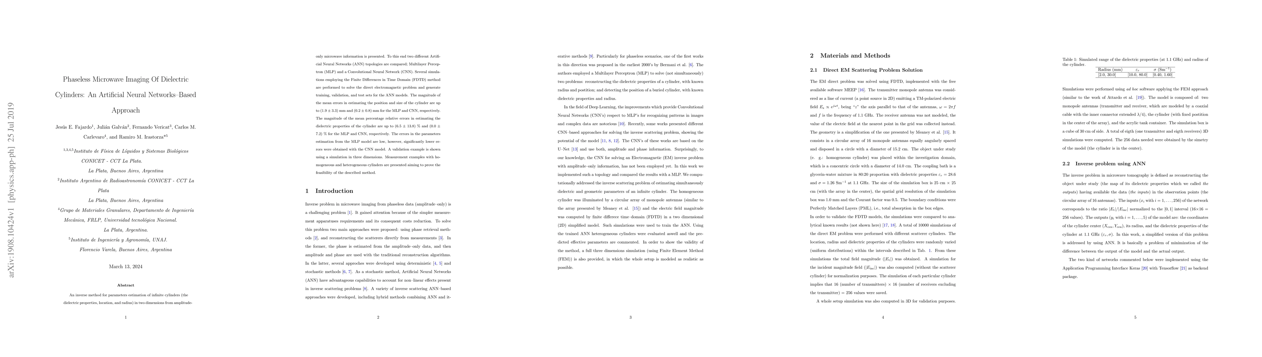 Thumbnail for Phaseless Microwave Imaging Of Dielectric Cylinders: An Artificial
  Neural Networks-Based Approach