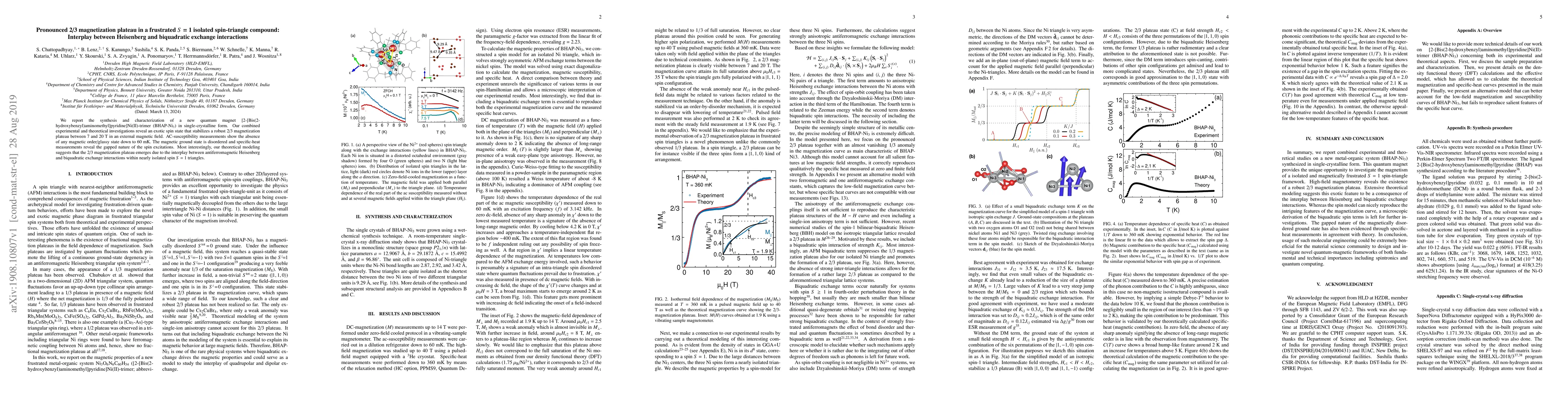 Thumbnail for Pronounced 2/3 magnetization plateau in a frustrated $S$ = 1 isolated
  spin-triangle compound: Interplay between Heisenberg and biquadratic exchange
  interactions