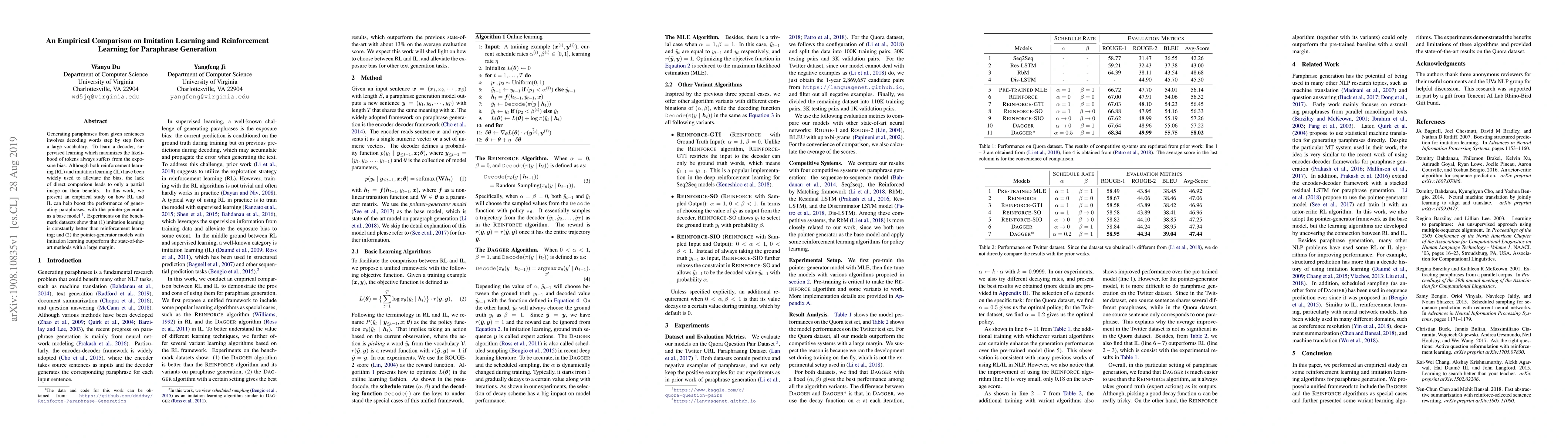 Thumbnail for An Empirical Comparison on Imitation Learning and Reinforcement Learning
  for Paraphrase Generation