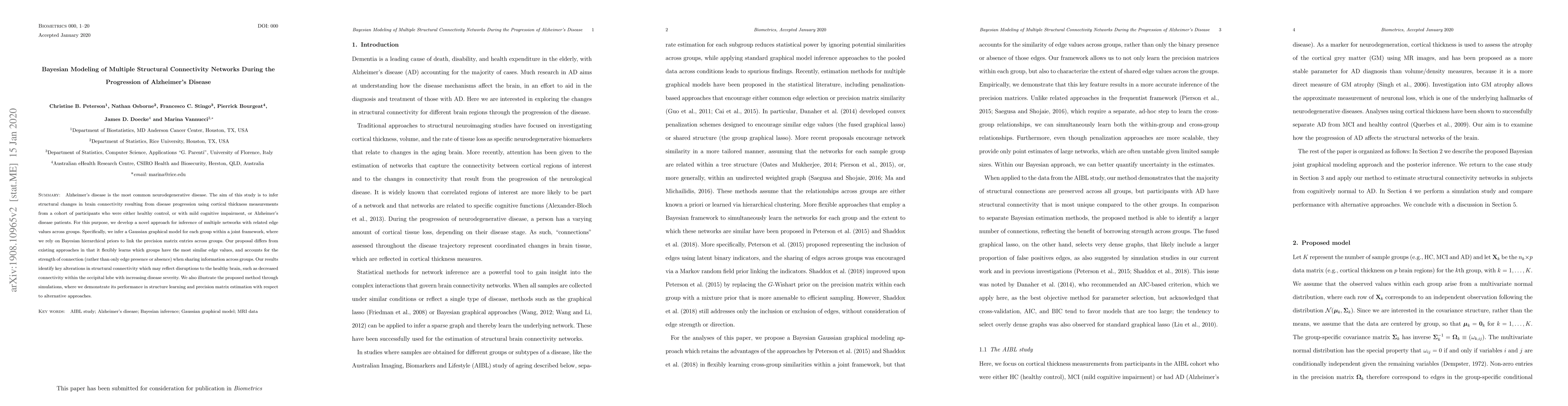 Thumbnail for Bayesian Modeling of Multiple Structural Connectivity Networks During
  the Progression of Alzheimer's Disease