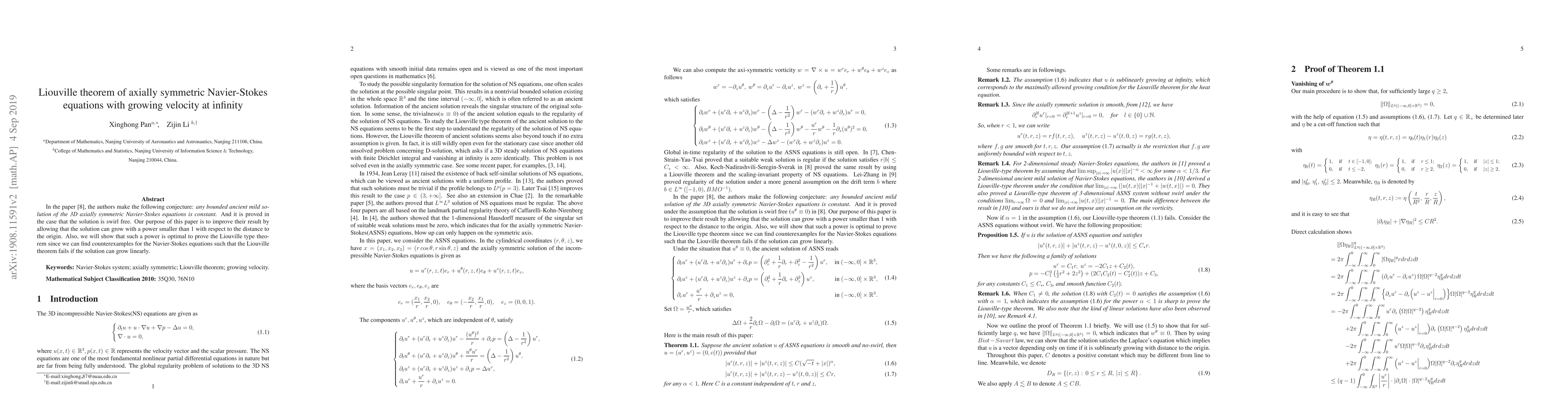 Thumbnail for Liouville theorem of axially symmetric Navier-Stokes equations with
  growing velocity at infinity