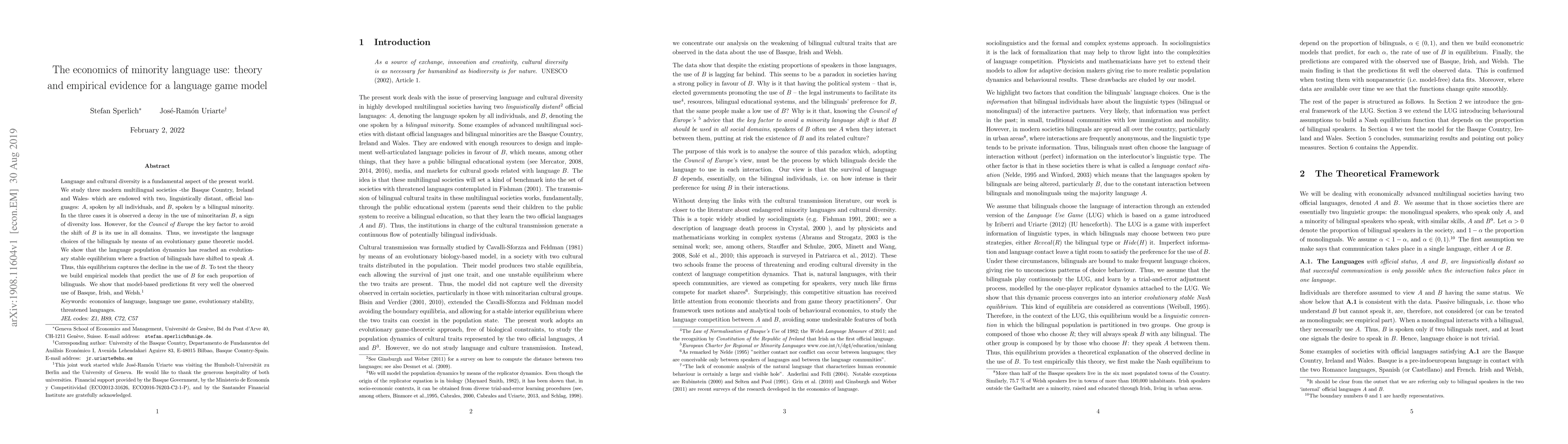 Thumbnail for The economics of minority language use: theory and empirical evidence
  for a language game model