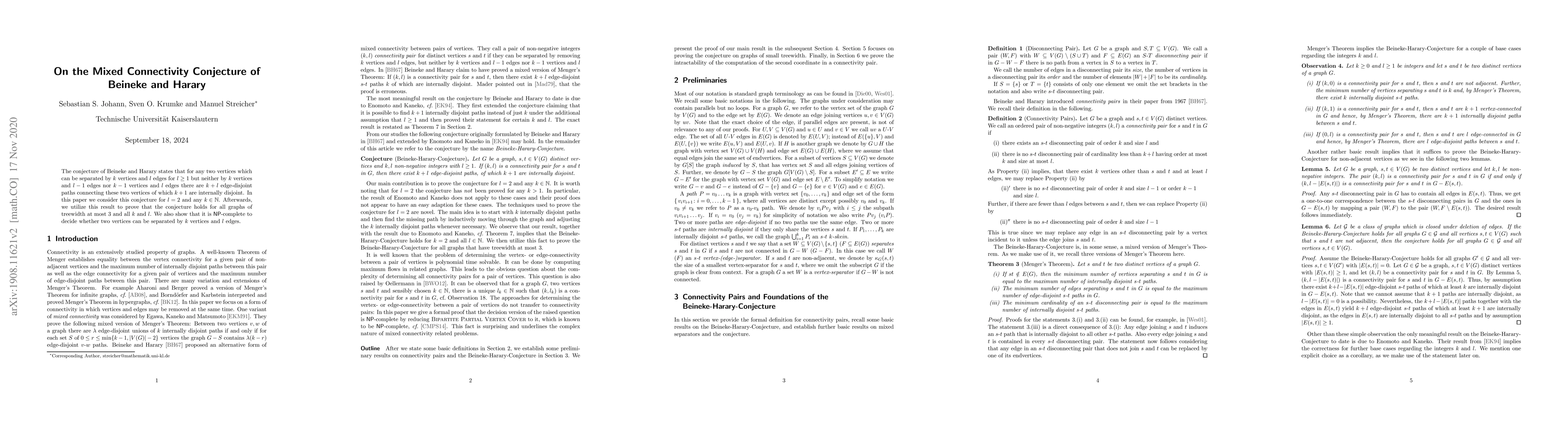 Thumbnail for On the Mixed Connectivity Conjecture of Beineke and Harary